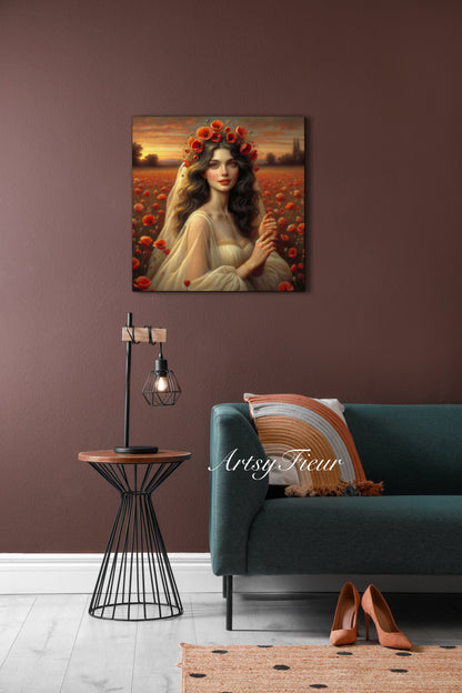 Framed canvas- Original Artwork Vibrant Poppies watercolour floral painting beautiful brunette woman ready to hang wall art print, abstract portrait colourful painting for living room