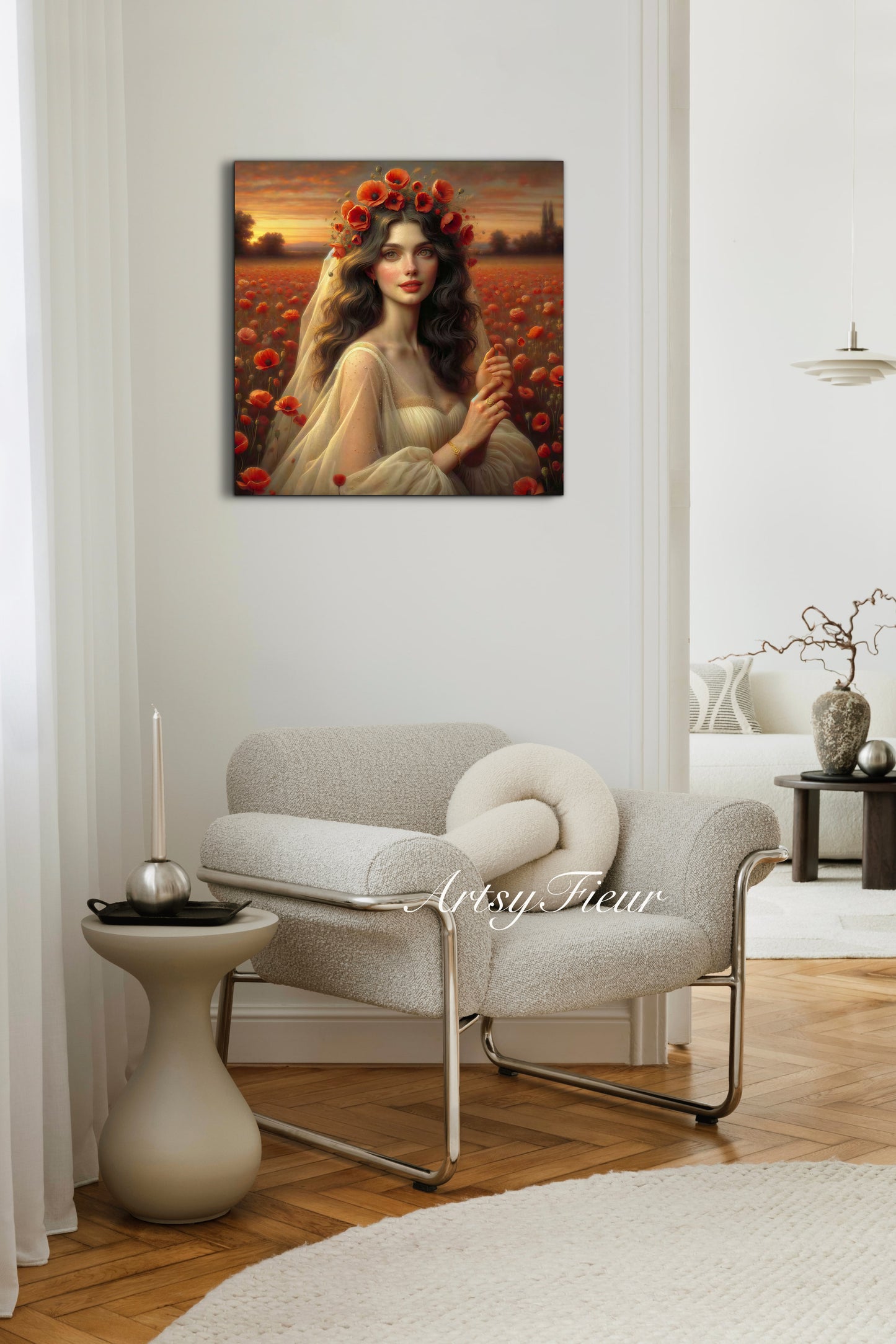Framed canvas- Original Artwork Vibrant Poppies watercolour floral painting beautiful brunette woman ready to hang wall art print, abstract portrait colourful painting for living room