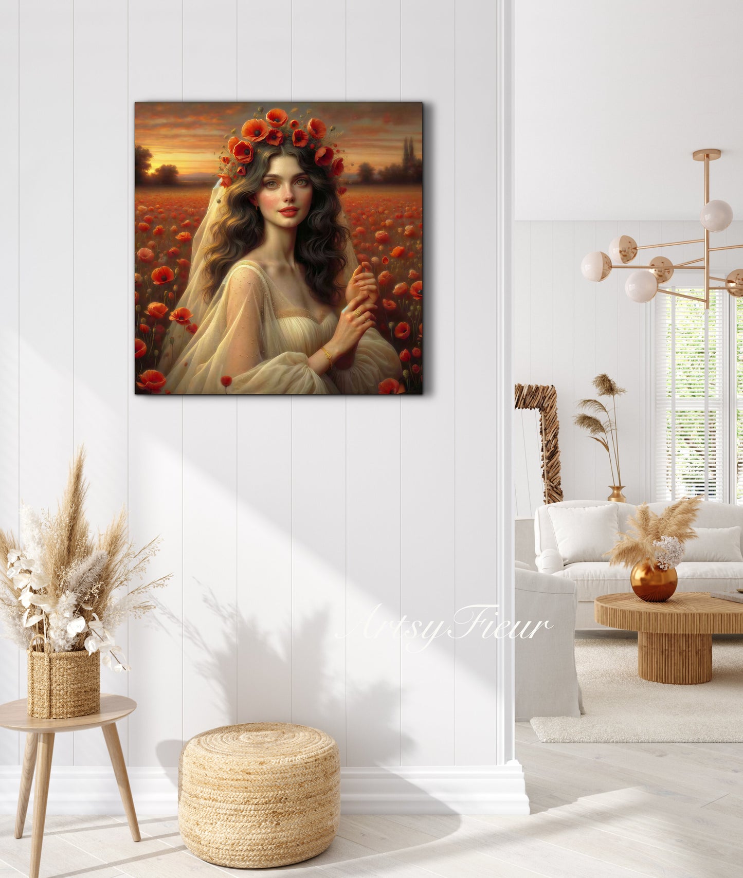 Framed canvas- Original Artwork Vibrant Poppies watercolour floral painting beautiful brunette woman ready to hang wall art print, abstract portrait colourful painting for living room