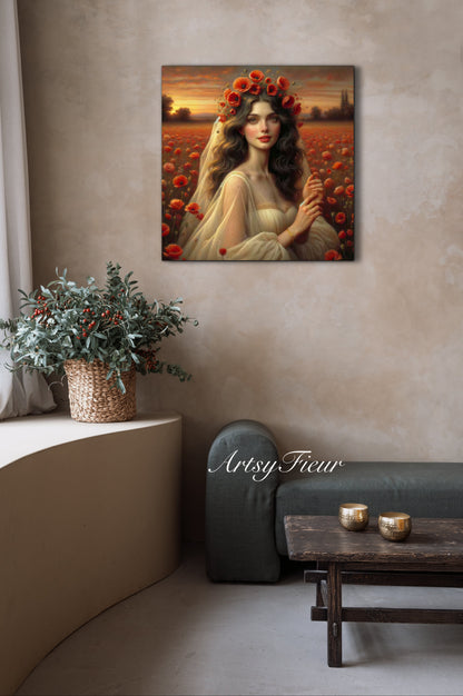 Framed canvas- Original Artwork Vibrant Poppies watercolour floral painting beautiful brunette woman ready to hang wall art print, abstract portrait colourful painting for living room