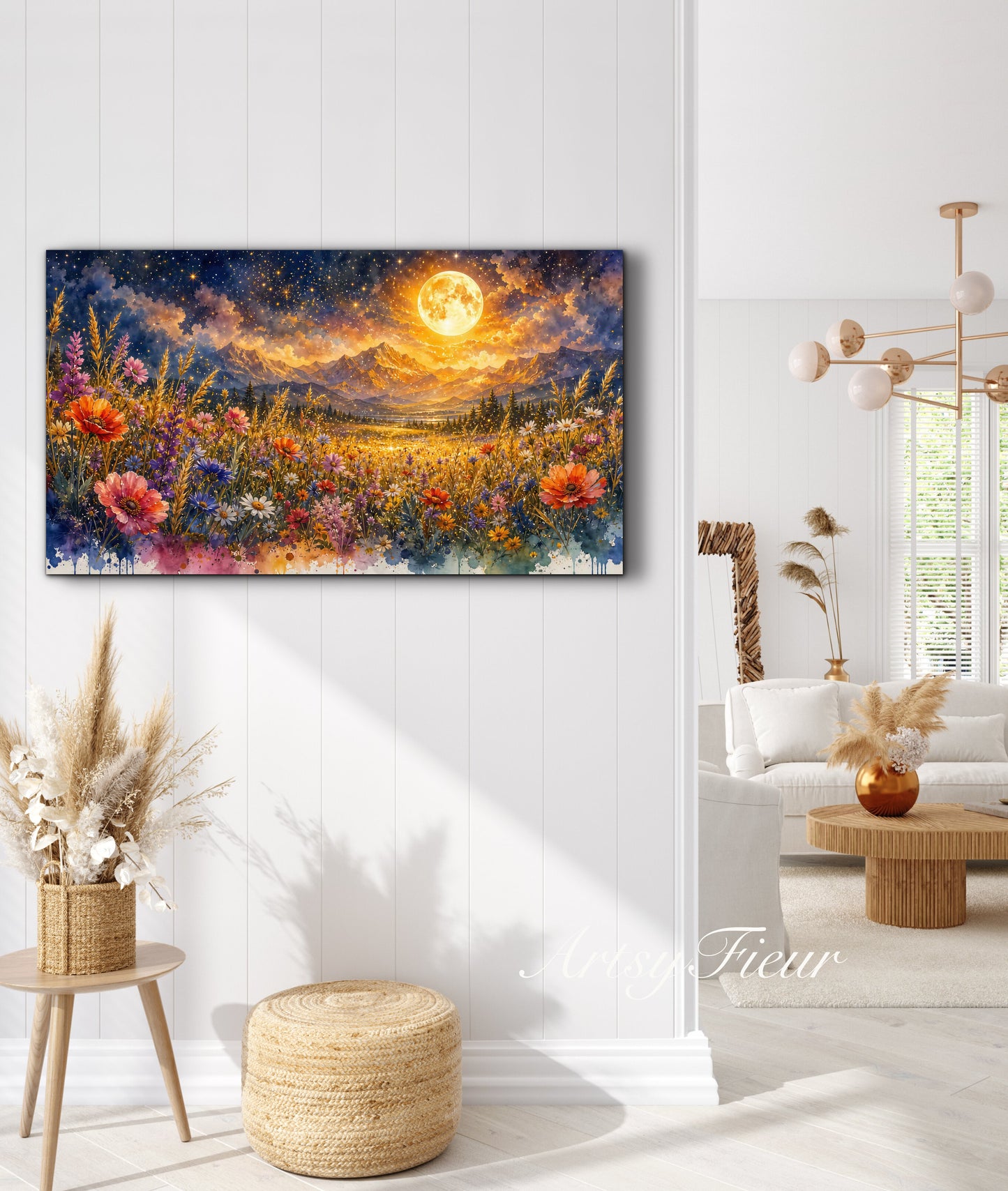 Framed Canvas- Vibrant full moon colourful wildflowers floral field under night sky original artwork living room bedroom wall art print