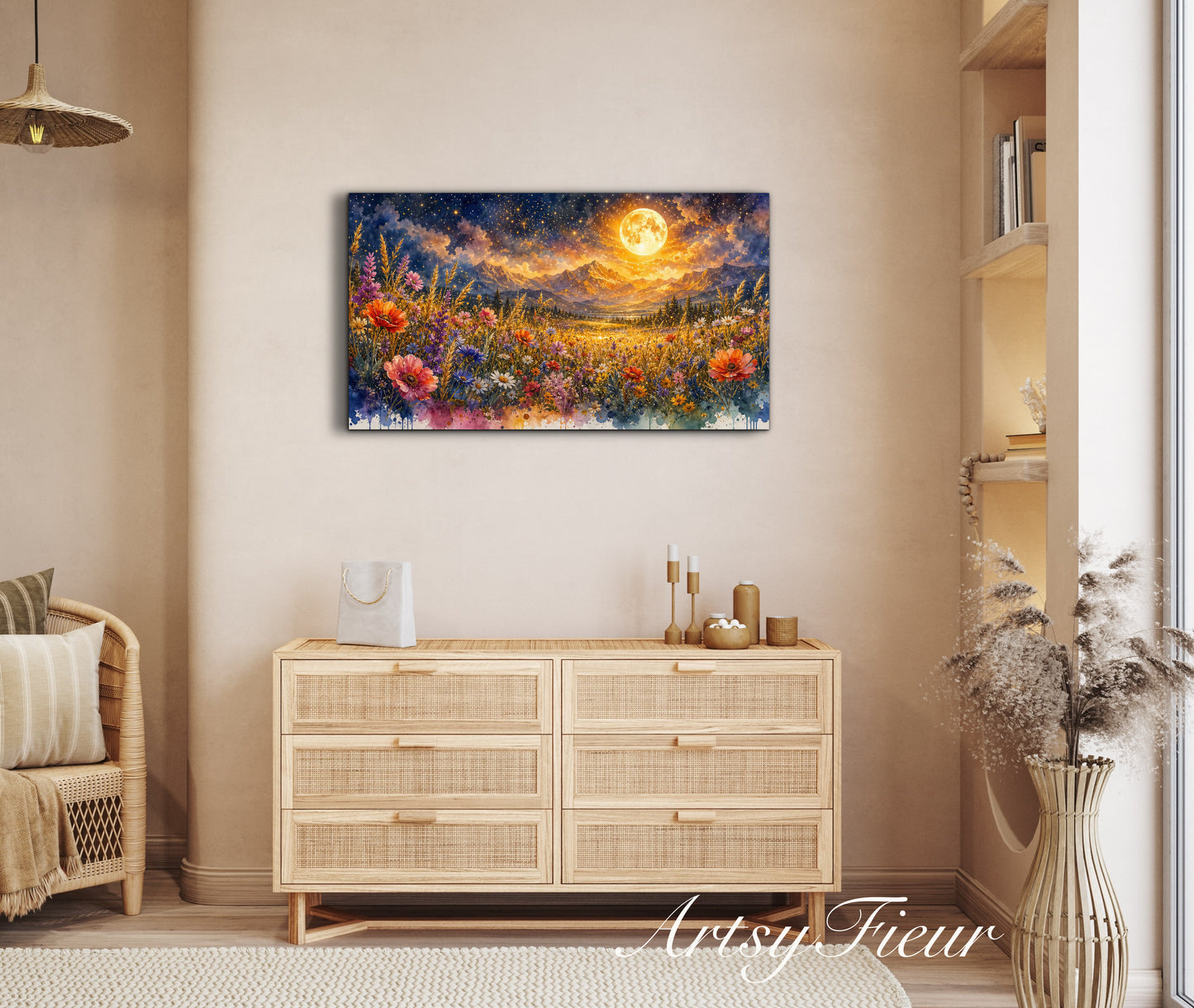 Framed Canvas- Vibrant full moon colourful wildflowers floral field under night sky original artwork living room bedroom wall art print