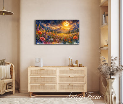 Framed Canvas- Vibrant full moon colourful wildflowers floral field under night sky original artwork living room bedroom wall art print