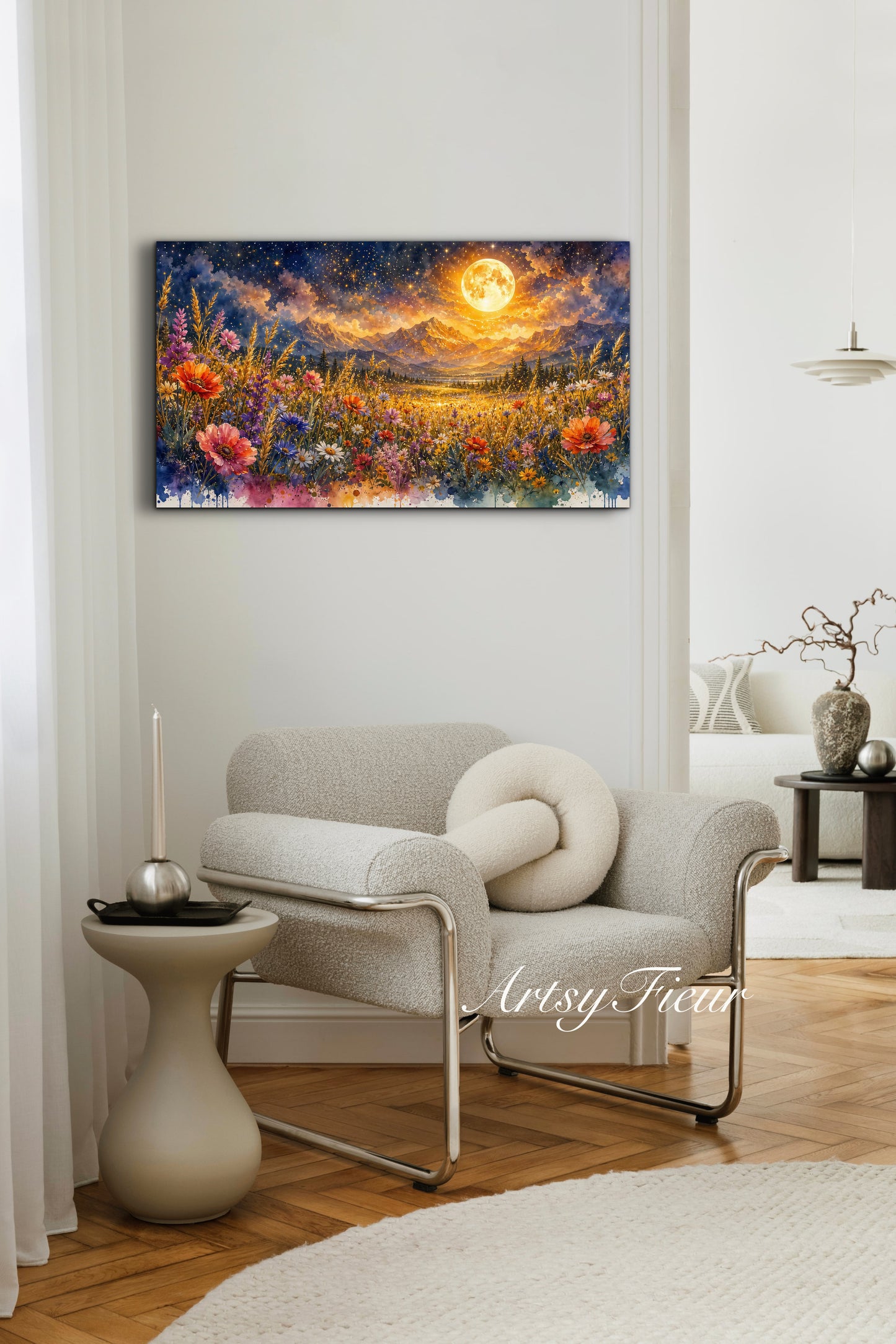 Framed Canvas- Vibrant full moon colourful wildflowers floral field under night sky original artwork living room bedroom wall art print