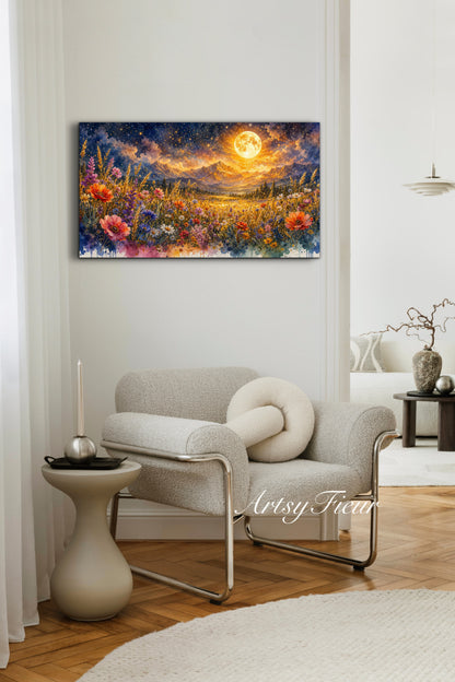 Framed Canvas- Vibrant full moon colourful wildflowers floral field under night sky original artwork living room bedroom wall art print