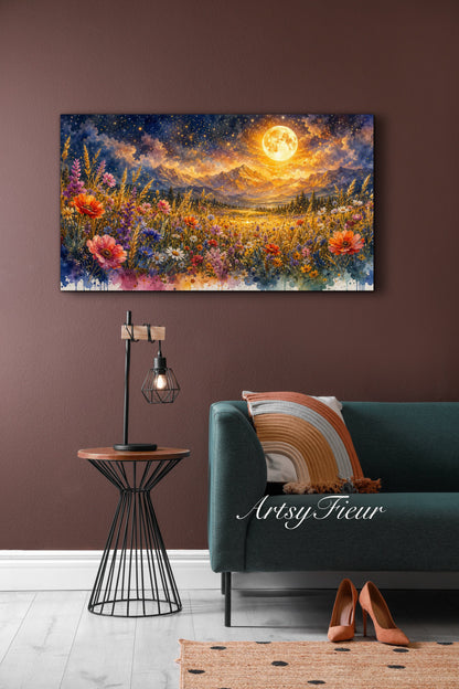 Framed Canvas- Vibrant full moon colourful wildflowers floral field under night sky original artwork living room bedroom wall art print