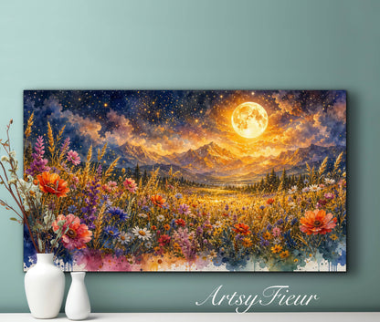 Framed Canvas- Vibrant full moon colourful wildflowers floral field under night sky original artwork living room bedroom wall art print