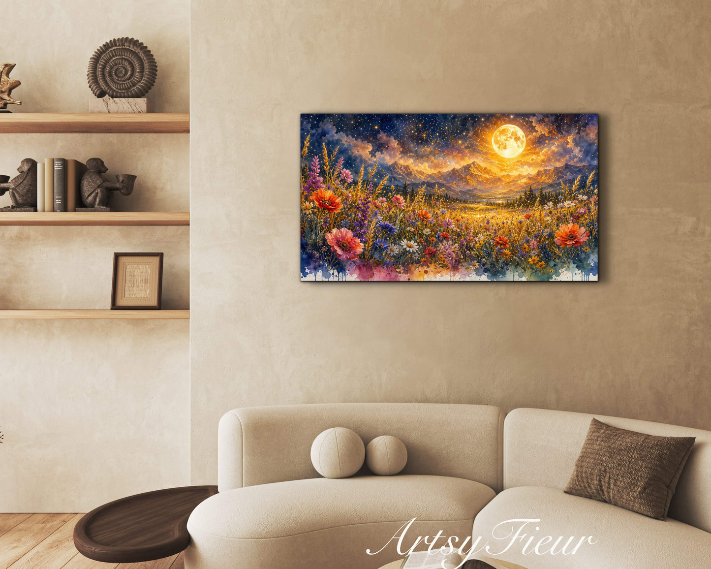 Framed Canvas- Vibrant full moon colourful wildflowers floral field under night sky original artwork living room bedroom wall art print