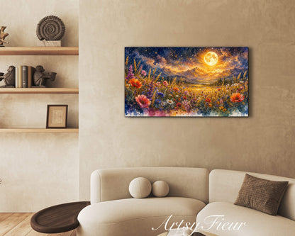 Framed Canvas- Vibrant full moon colourful wildflowers floral field under night sky original artwork living room bedroom wall art print