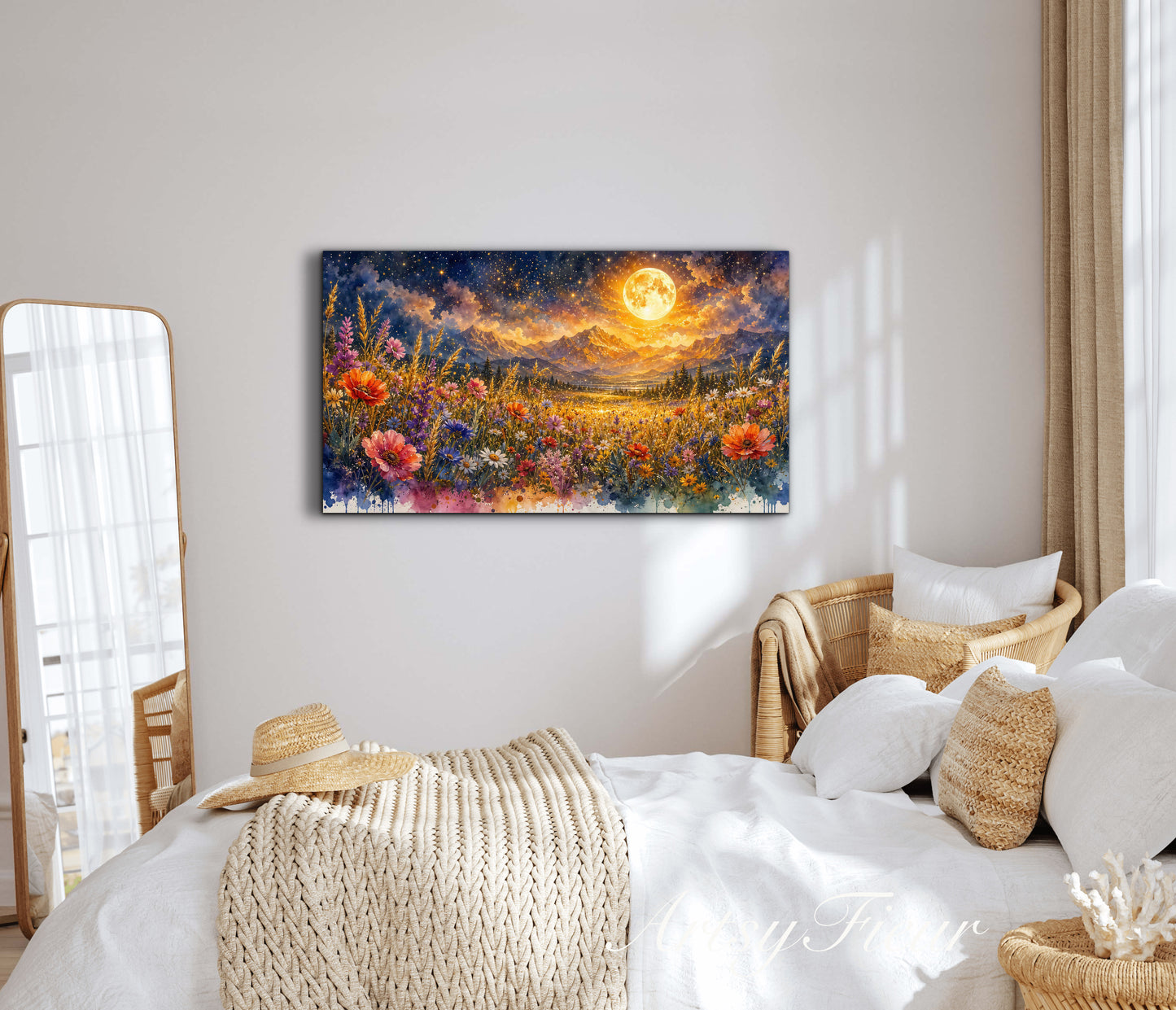 Framed Canvas- Vibrant full moon colourful wildflowers floral field under night sky original artwork living room bedroom wall art print