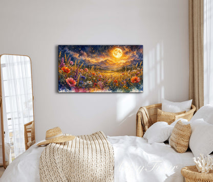 Framed Canvas- Vibrant full moon colourful wildflowers floral field under night sky original artwork living room bedroom wall art print