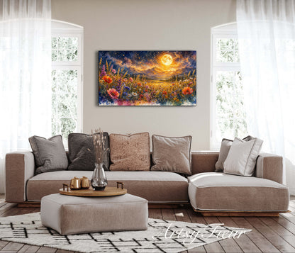 Framed Canvas- Vibrant full moon colourful wildflowers floral field under night sky original artwork living room bedroom wall art print