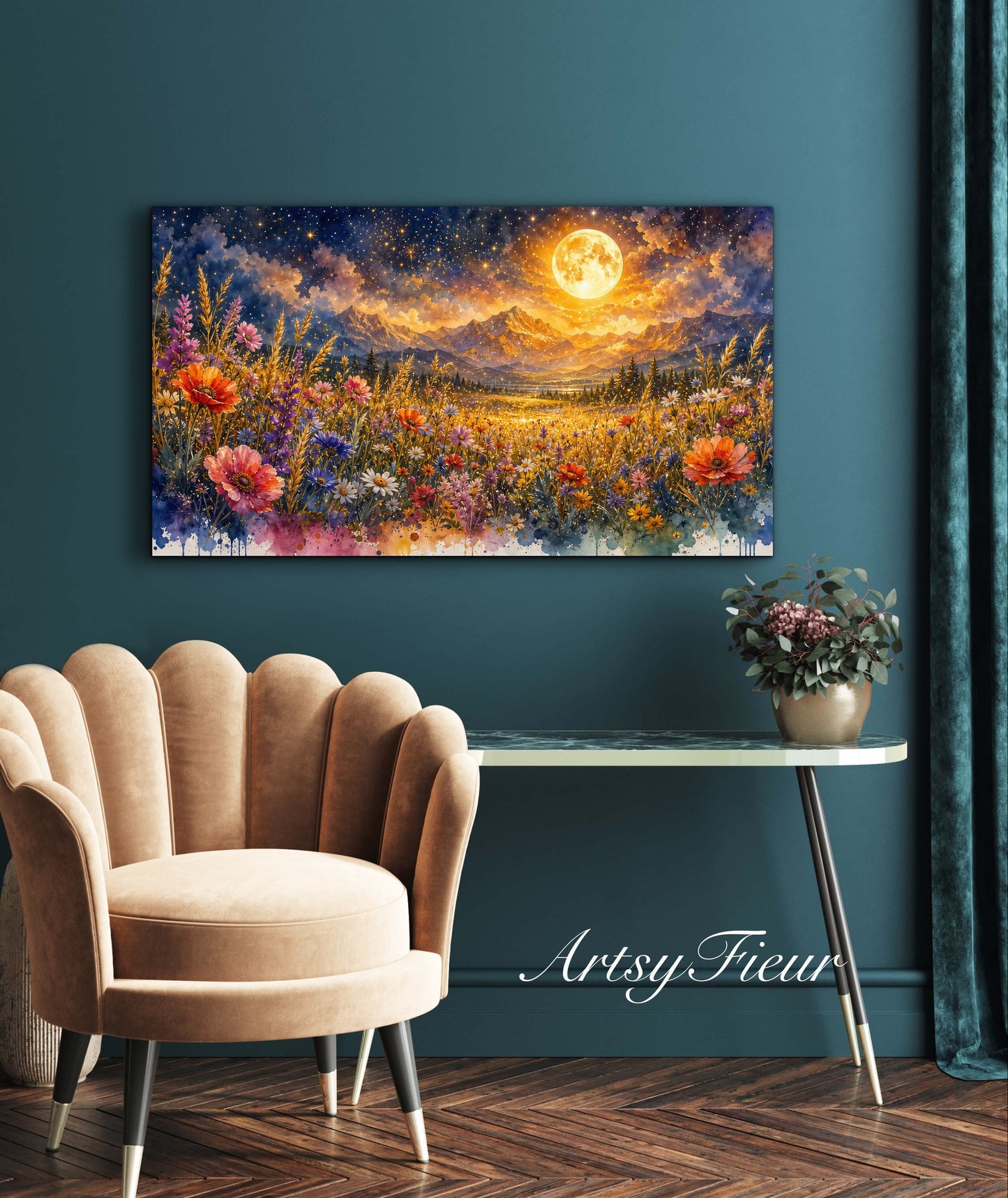 Framed Canvas- Vibrant full moon colourful wildflowers floral field under night sky original artwork living room bedroom wall art print