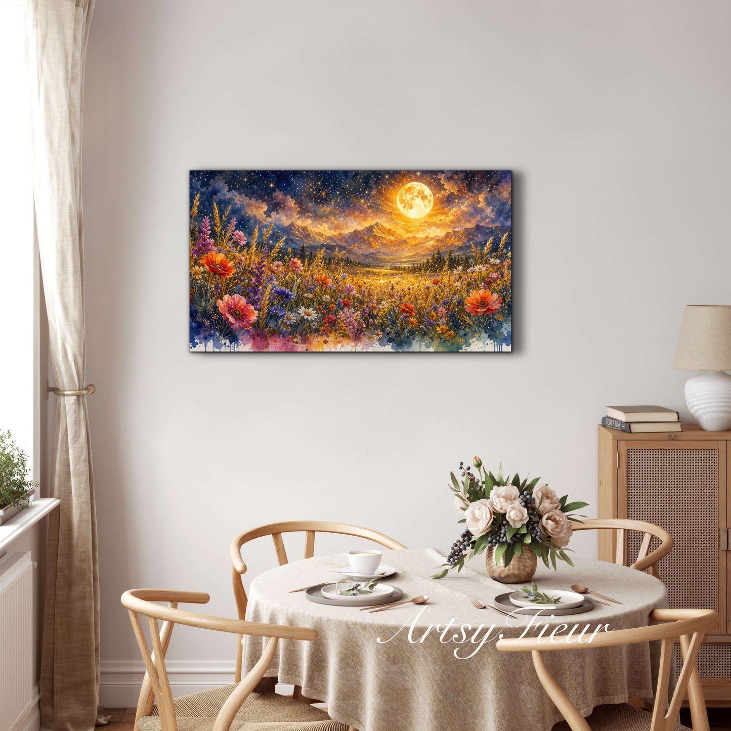 Framed Canvas- Vibrant full moon colourful wildflowers floral field under night sky original artwork living room bedroom wall art print