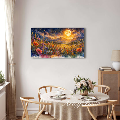 Framed Canvas- Vibrant full moon colourful wildflowers floral field under night sky original artwork living room bedroom wall art print