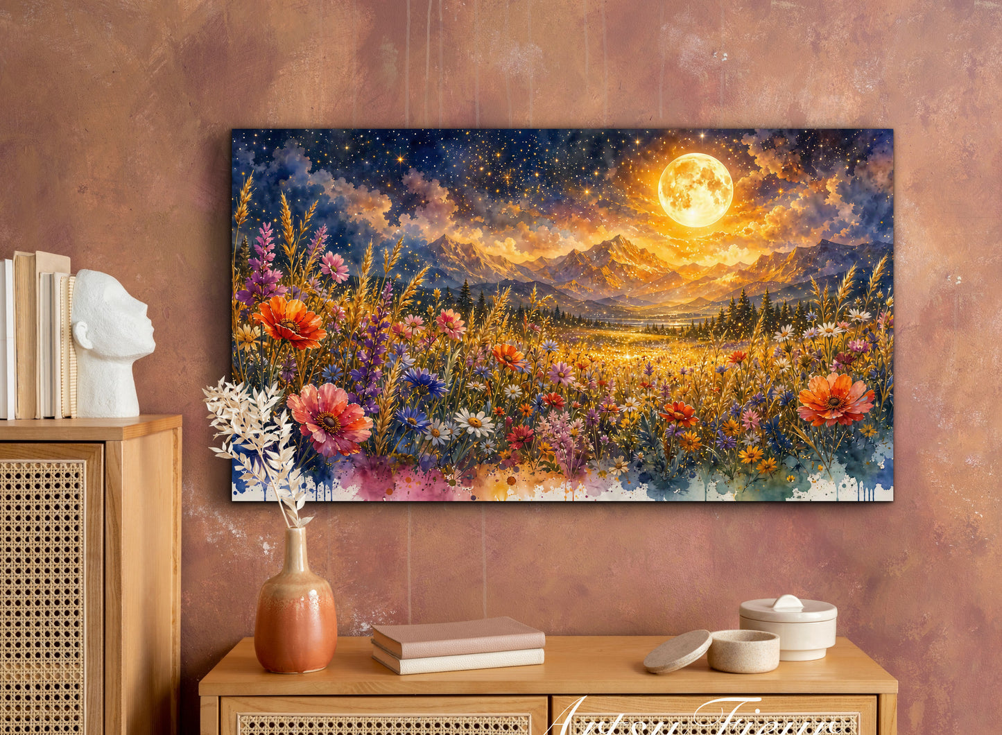 Framed Canvas- Vibrant full moon colourful wildflowers floral field under night sky original artwork living room bedroom wall art print