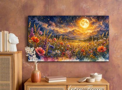 Framed Canvas- Vibrant full moon colourful wildflowers floral field under night sky original artwork living room bedroom wall art print