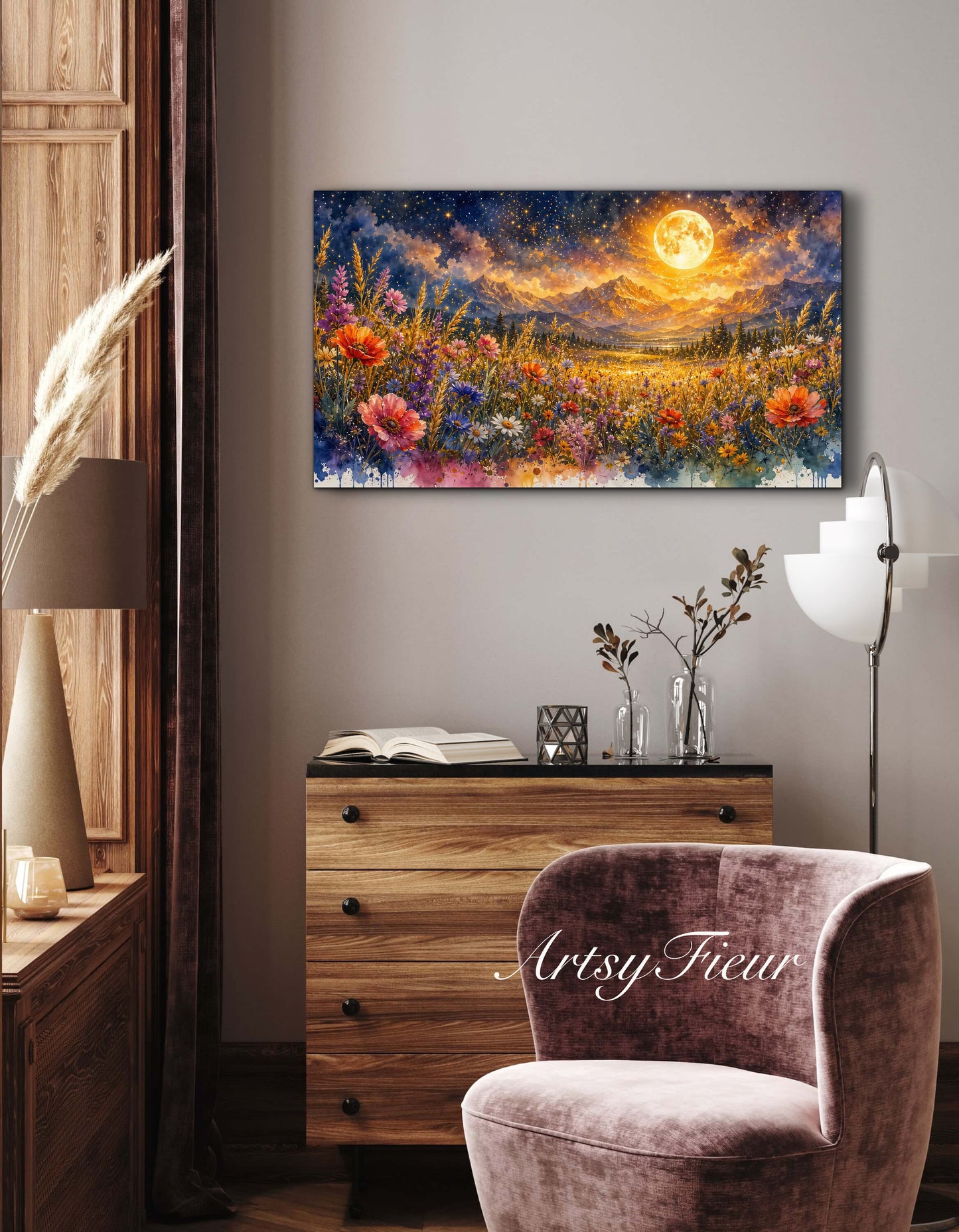 Framed Canvas- Vibrant full moon colourful wildflowers floral field under night sky original artwork living room bedroom wall art print
