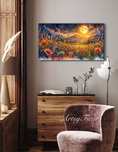 Framed Canvas- Vibrant full moon colourful wildflowers floral field under night sky original artwork living room bedroom wall art print