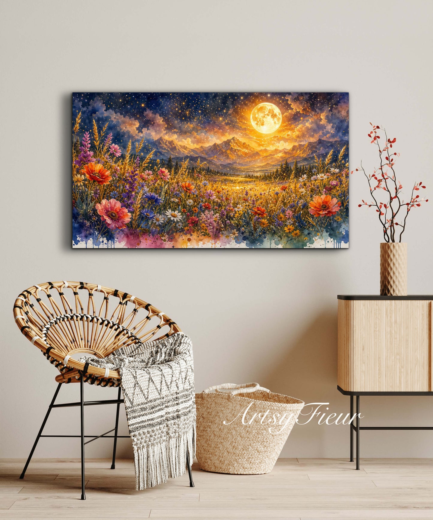 Framed Canvas- Vibrant full moon colourful wildflowers floral field under night sky original artwork living room bedroom wall art print