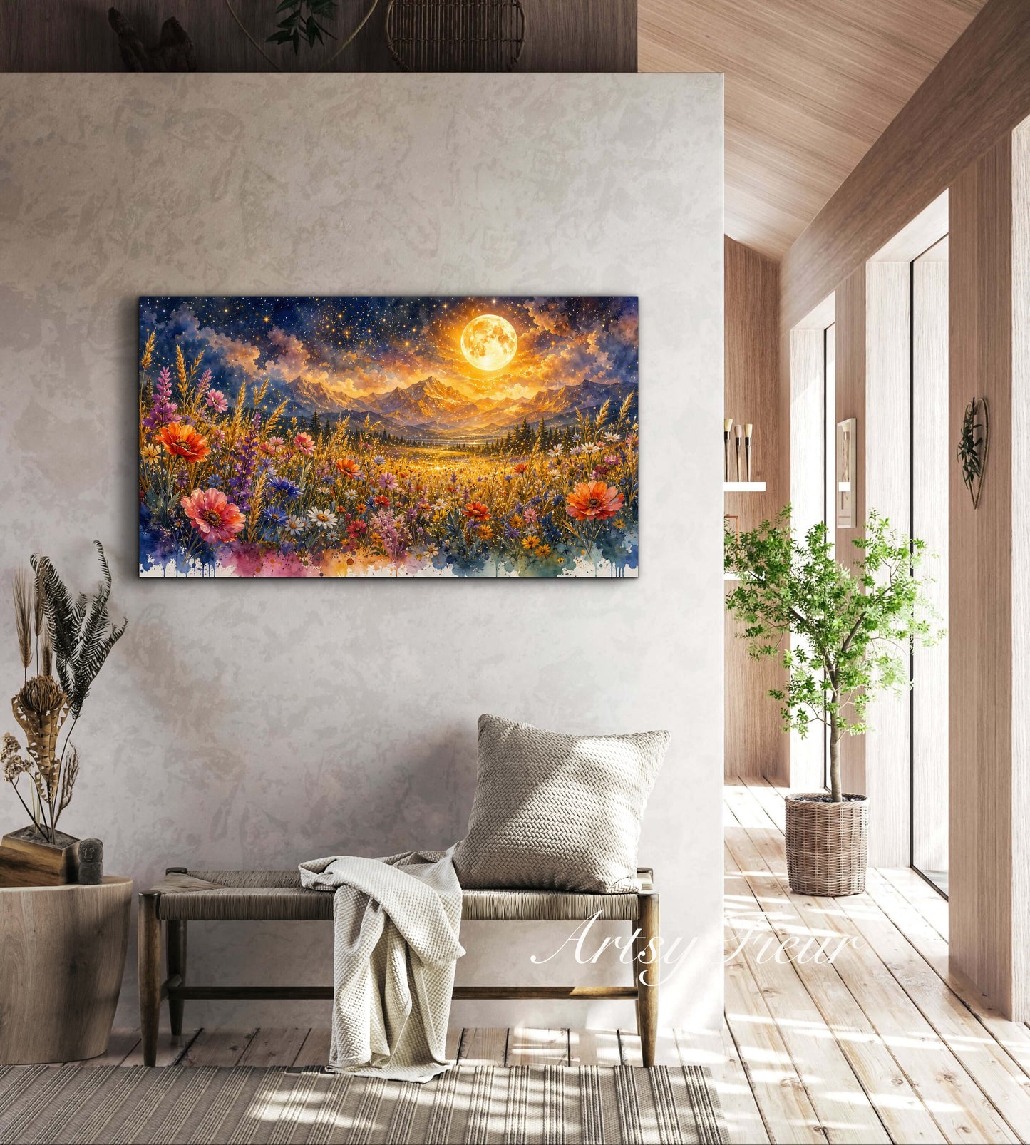 Framed Canvas- Vibrant full moon colourful wildflowers floral field under night sky original artwork living room bedroom wall art print