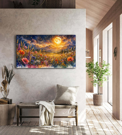 Framed Canvas- Vibrant full moon colourful wildflowers floral field under night sky original artwork living room bedroom wall art print