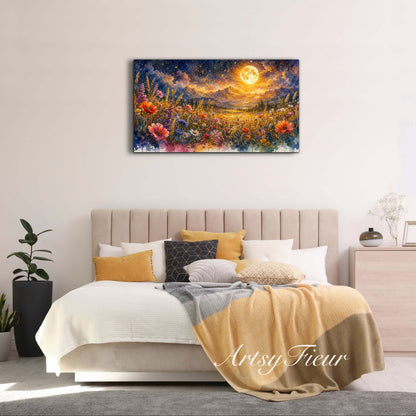 Framed Canvas- Vibrant full moon colourful wildflowers floral field under night sky original artwork living room bedroom wall art print