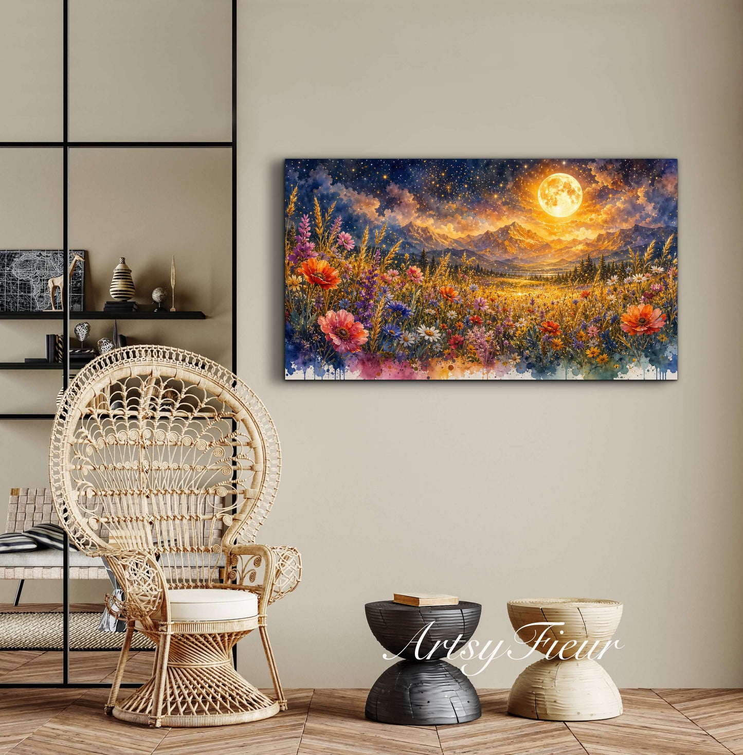 Framed Canvas- Vibrant full moon colourful wildflowers floral field under night sky original artwork living room bedroom wall art print