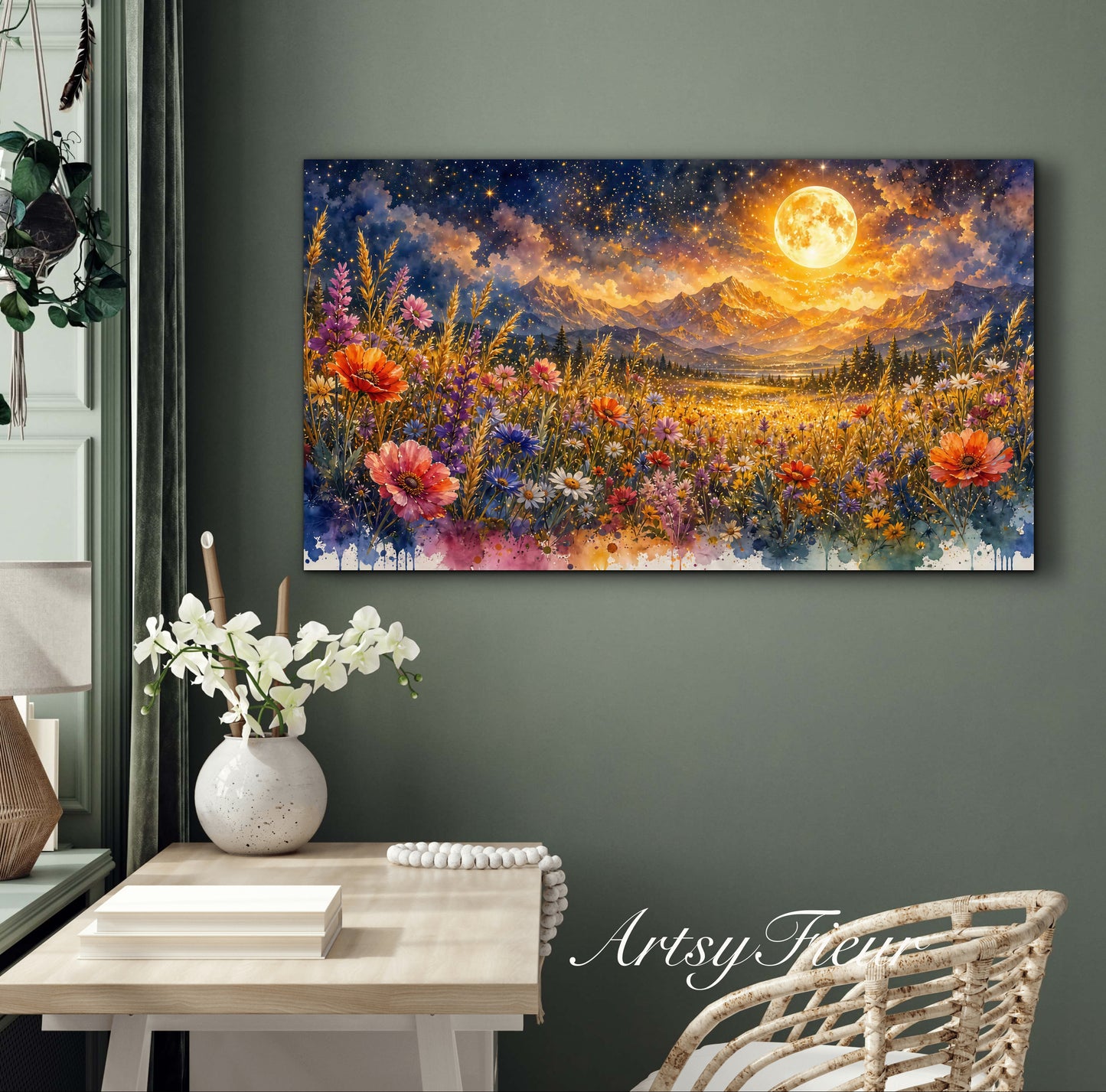 Framed Canvas- Vibrant full moon colourful wildflowers floral field under night sky original artwork living room bedroom wall art print