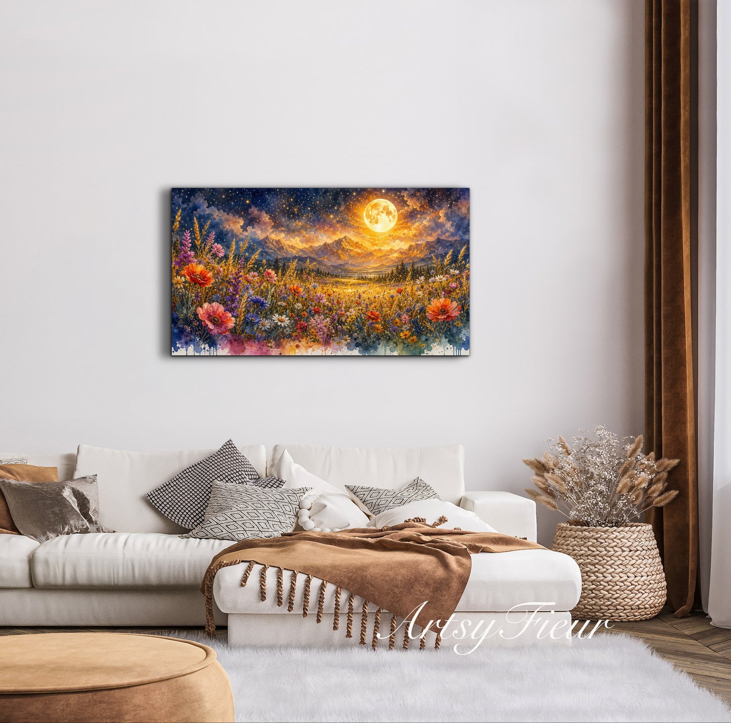 Framed Canvas- Vibrant full moon colourful wildflowers floral field under night sky original artwork living room bedroom wall art print