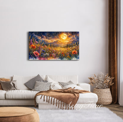 Framed Canvas- Vibrant full moon colourful wildflowers floral field under night sky original artwork living room bedroom wall art print